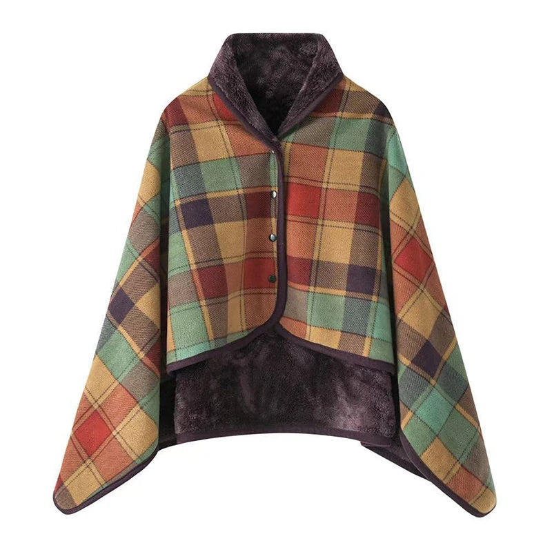 Wearable Plaid Fleece Blanket with Button – Thick Warm Throw for Sofa, Bed, Travel & Office