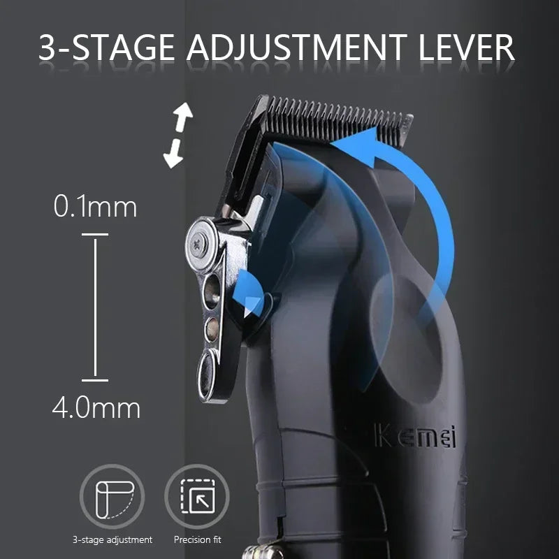 Kemei KM-2296 Professional Hair Clipper – Seat Charger, Stainless Steel Blade, 90-Min Battery, Cordless