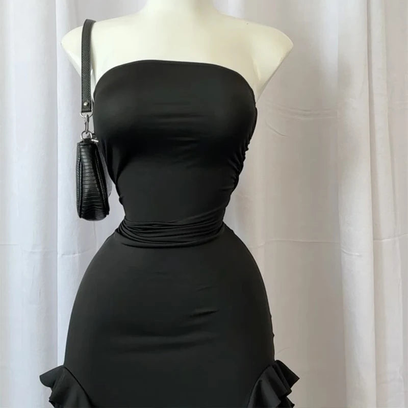 Women's Strapless Floral Fold High Slit Mini Dress – Backless Sleeveless Party Dress in Black & Pink