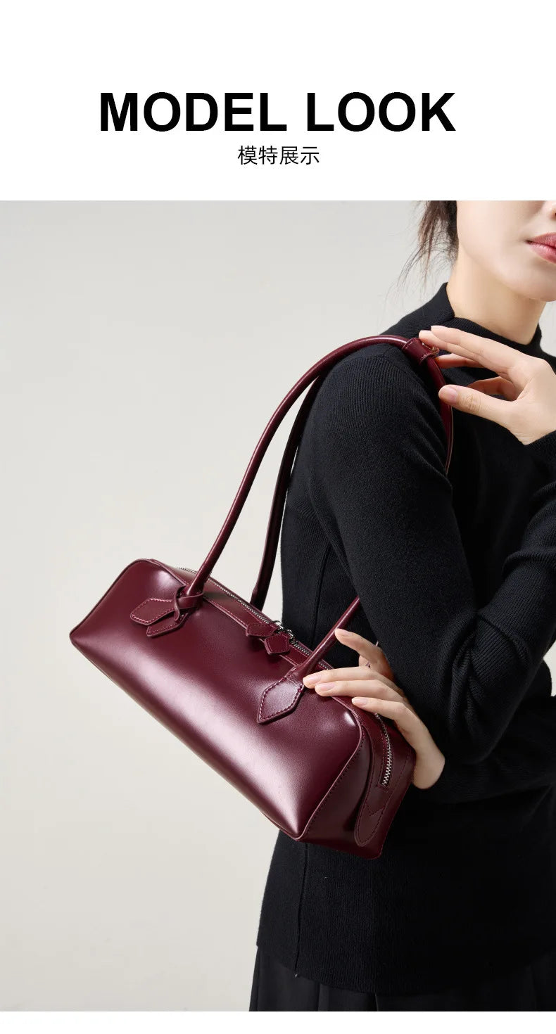 Vintage Genuine Leather Baguette Shoulder Bag – Korean Luxury Underarm Handbag for Women