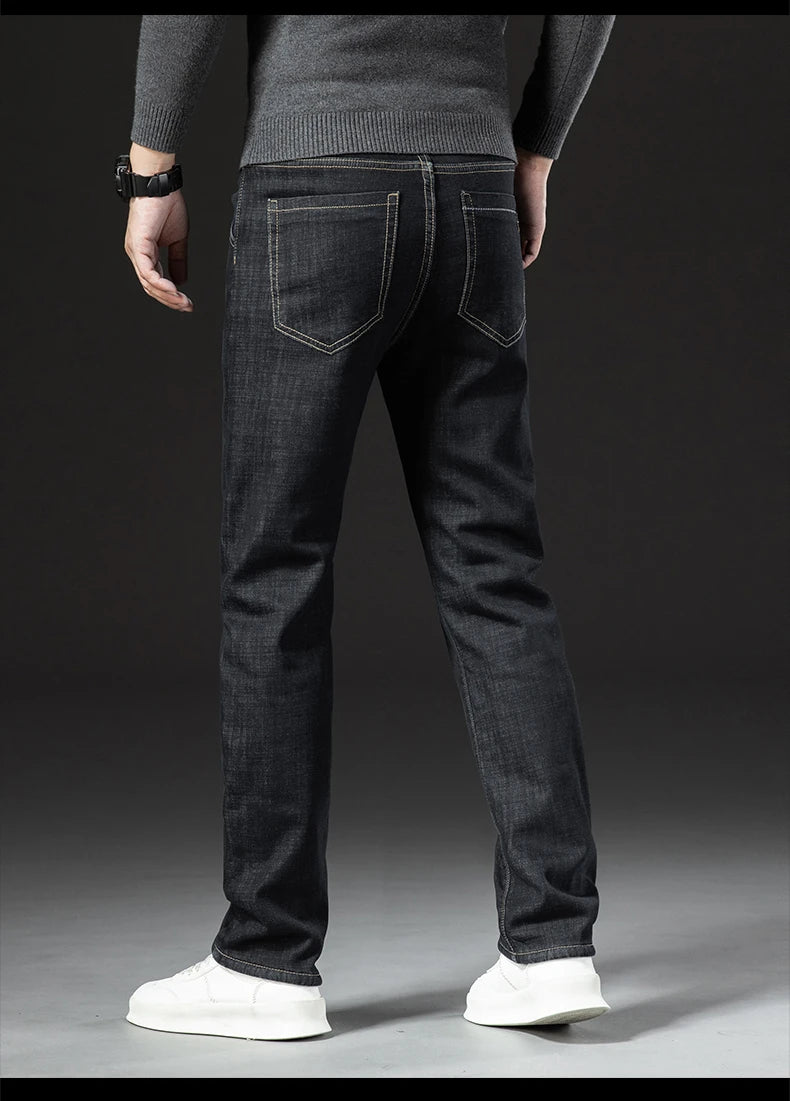 Men's Fleece-Lined Straight Denim Jeans — Warm Thick Winter Stretch Jeans