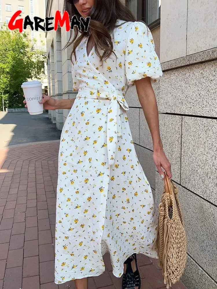 100% Cotton Floral A-Line Midi Dress — Elegant White Summer Dress with Side Slits