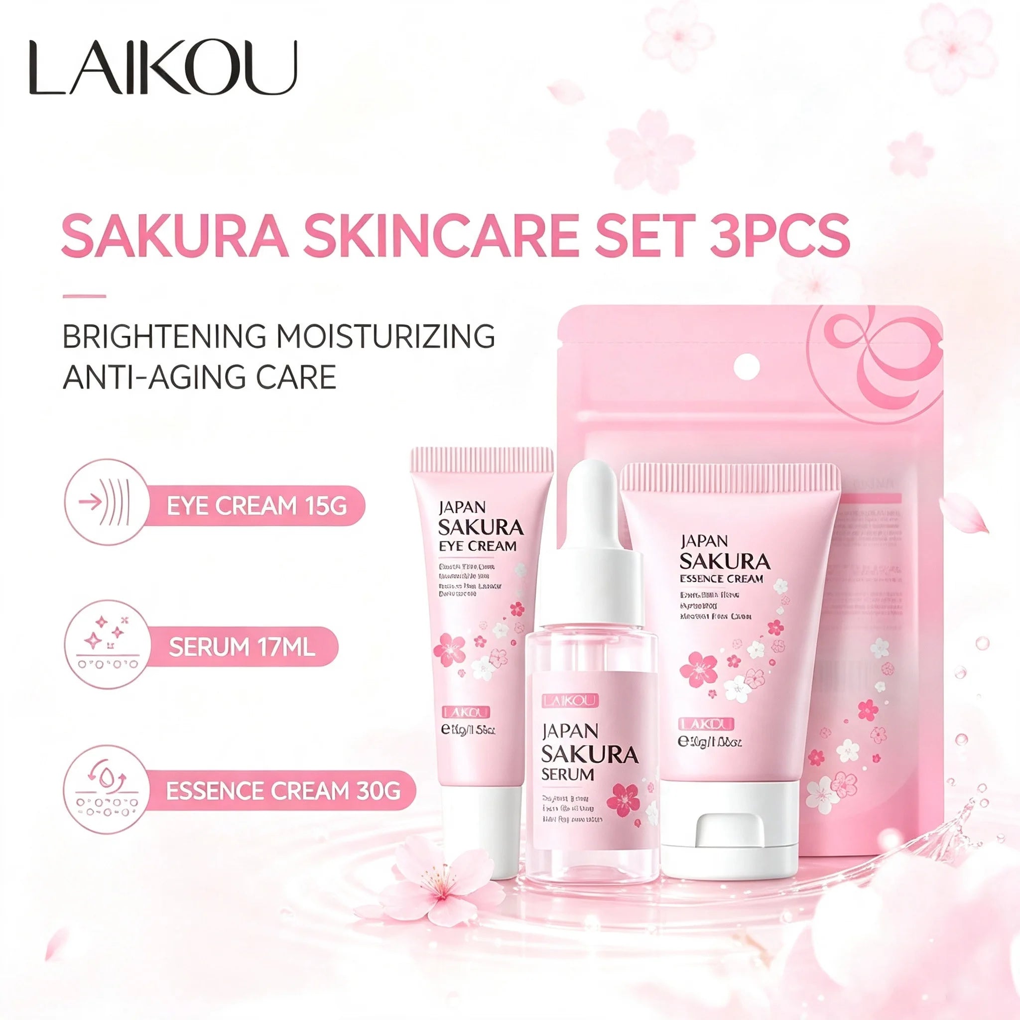 LAIKOU Sakura Skincare Gift Set – Brightening Serum, Eye Cream & Essence Cream 3-Piece Box