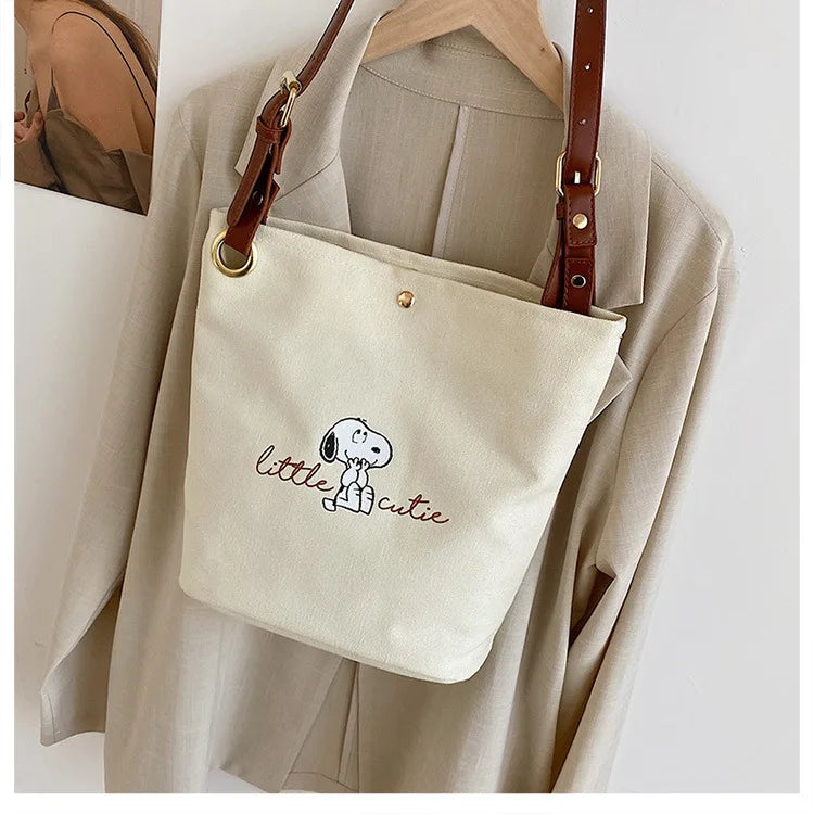 Snoopy Canvas Bucket Bag – Cute Letter Print Crossbody Shoulder Bag for Women