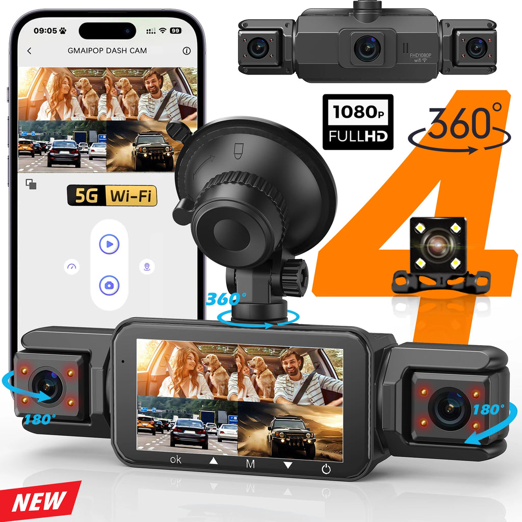4-Channel WiFi Dashcam – FHD 1080P, Night Vision, Loop Recording, Parking Monitor | Front + Rear + Side