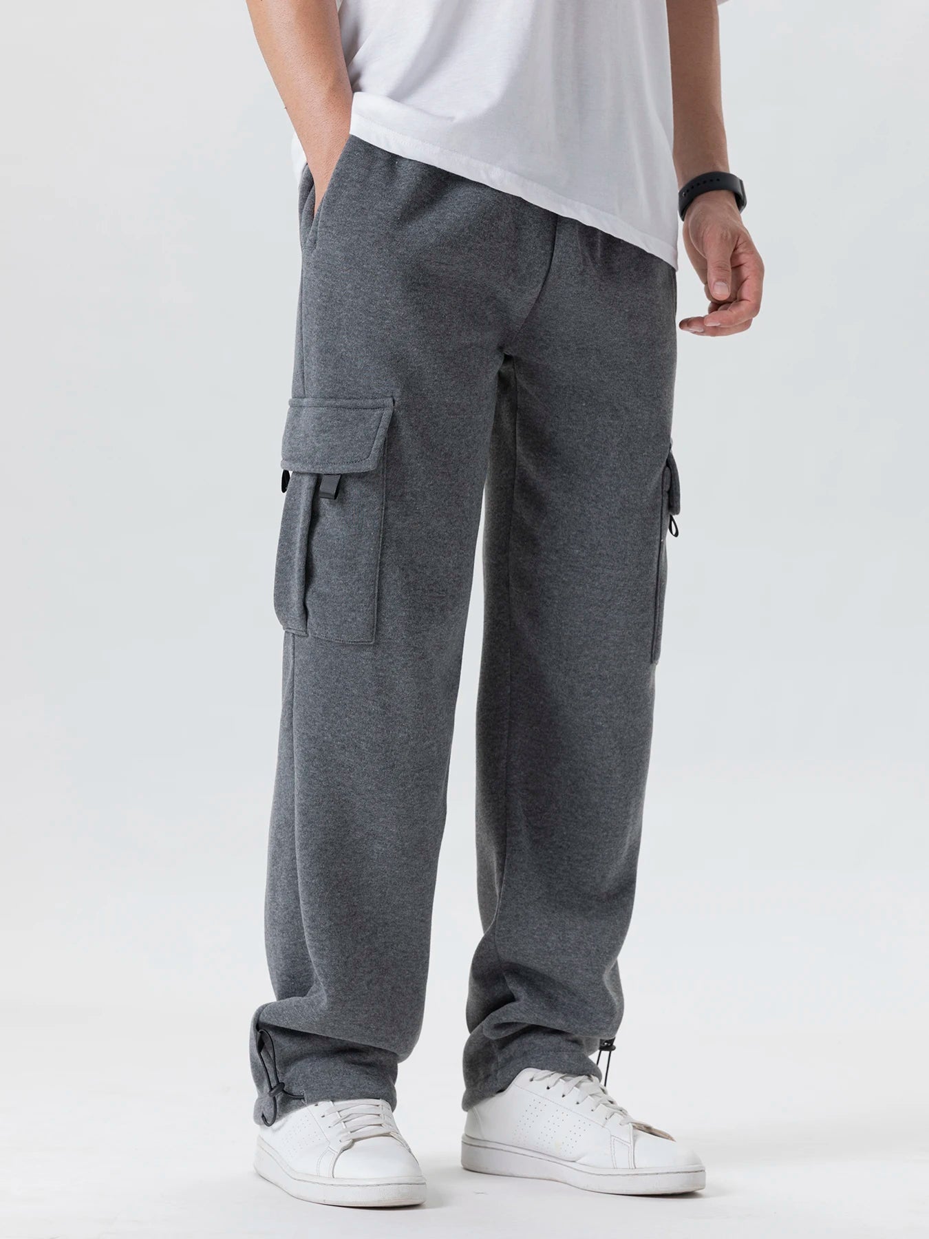 Men's Multi-Pockets Sweatpants Autumn Winter Drawstring Straight Fit Pants Running Jogger Sports Gym Trousers Male Loose Pants