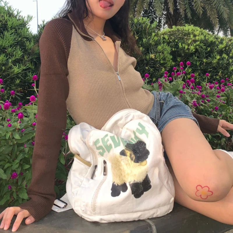 Y2K Aesthetic Cute Sheep Canvas Backpack – Japanese Cartoon School Bag for Women
