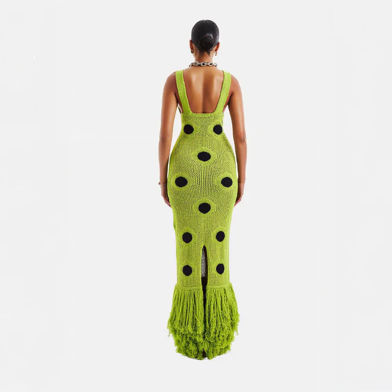 Women's Sexy See-Through Knitted Maxi Dress | Hollow Out Deep-V Tassel Hem Party Gown