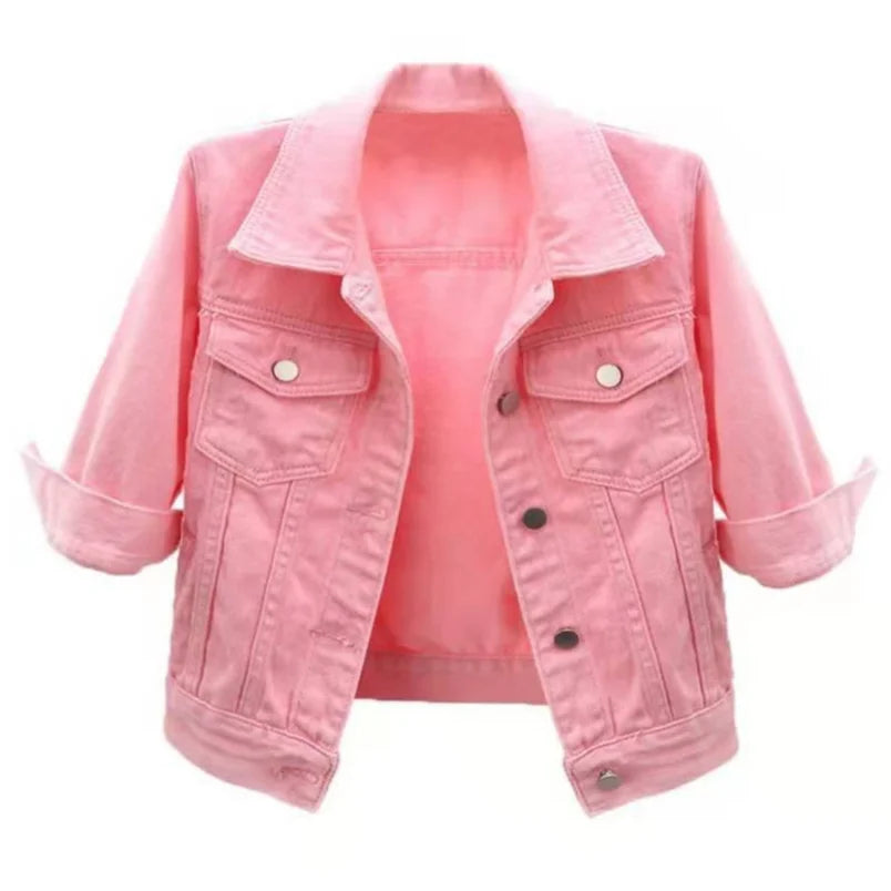 Women's Denim Jacket – Short Casual Jean Coat in Pink, White, Light Blue & Lavender
