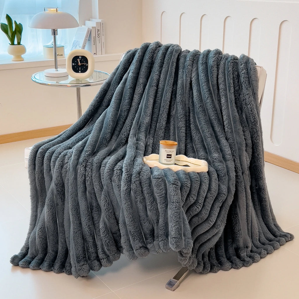 Striped Multifunctional Blanket – Thickened Coral Fleece for Bed, Nap, Sofa & Pets