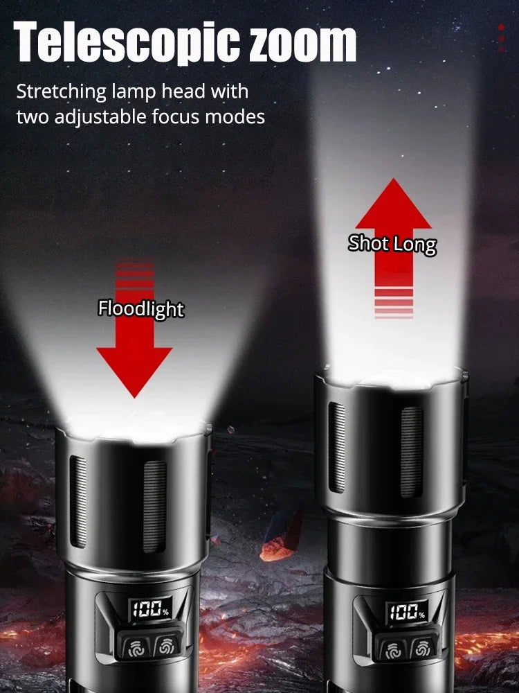 XHP360 Military-Grade 2-in-1 Super High Power Flashlight – 36-Core Zoomable Waterproof Rechargeable Torch with Safety Hammer