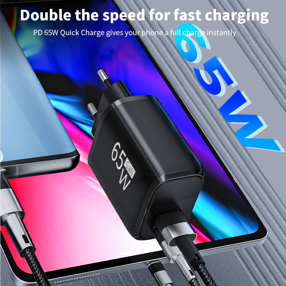 65W in Your Pocket. — 65W GaN USB-C Fast Charger | PD Power Adapter, Quick Charge 3.0, iPhone 15, Samsung, Xiaomi, POCO, OnePlus