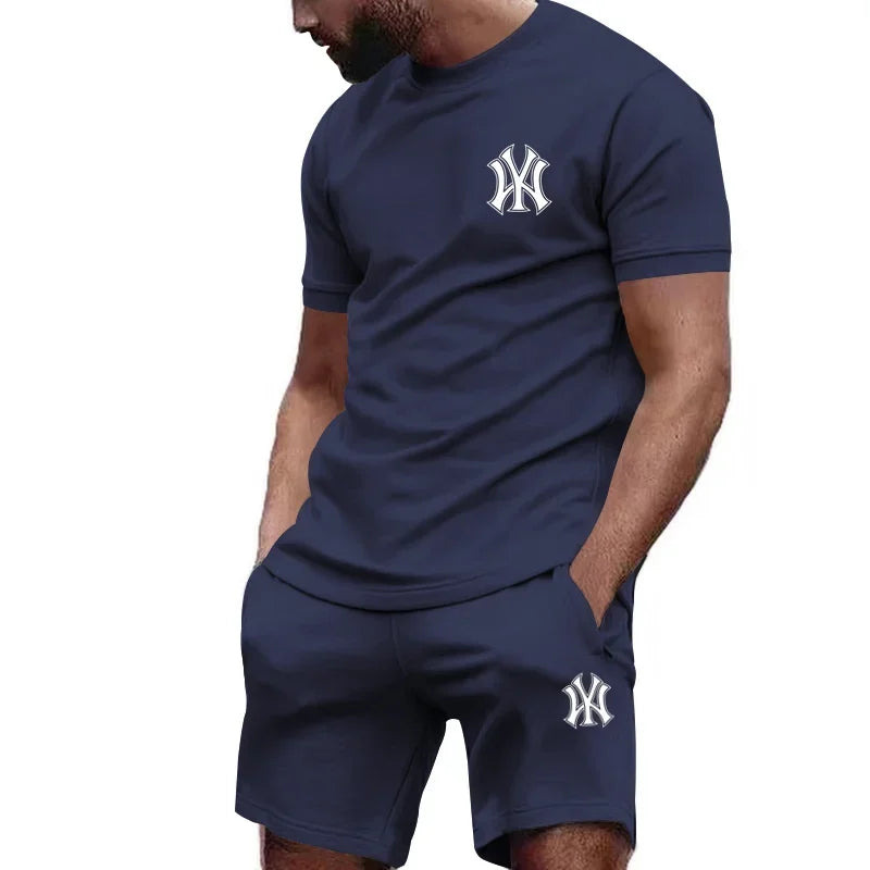 Men's Print Short Sleeve T-Shirt & Drawstring Shorts Running Fitness Set