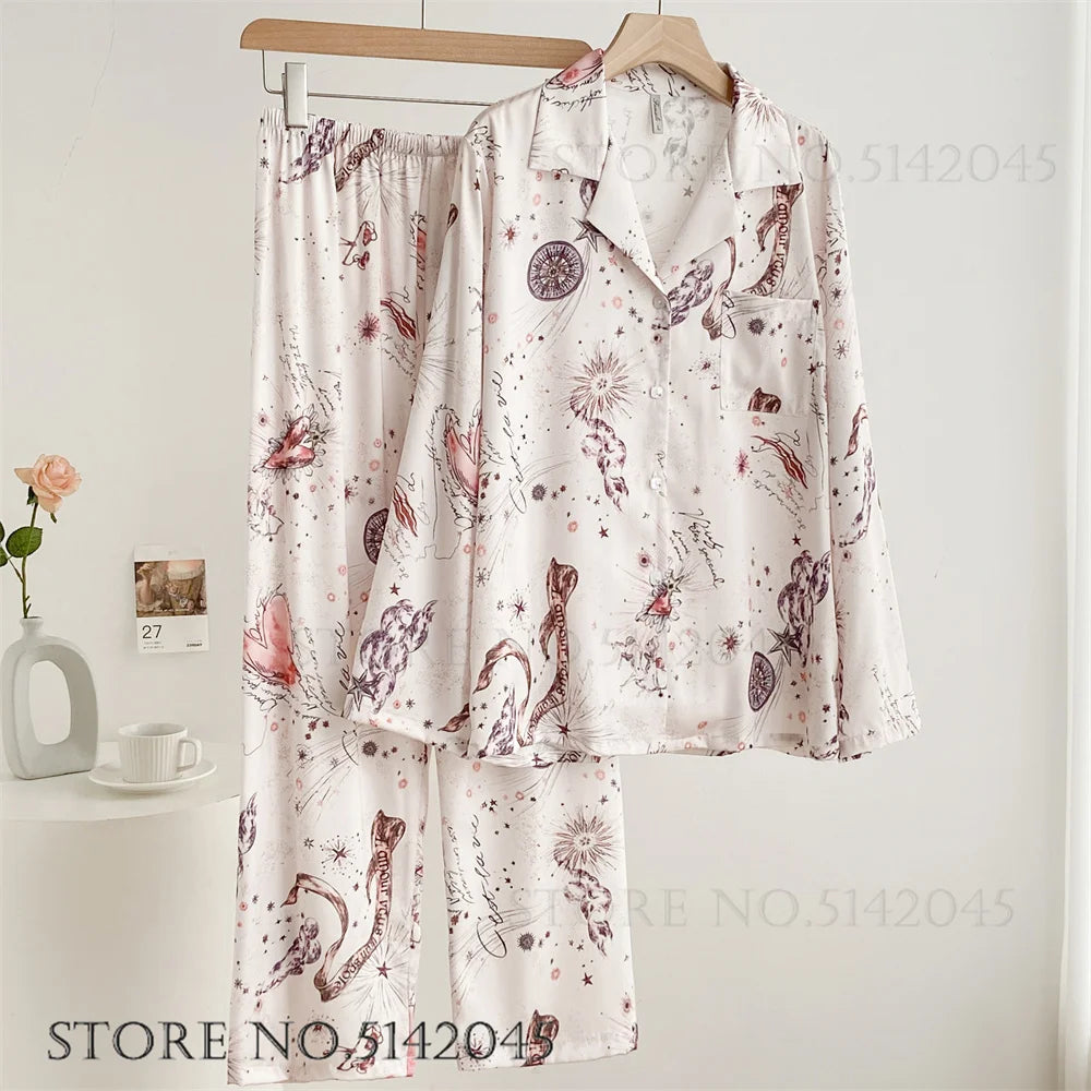 Women's Floral Print Satin 2-Piece Pajama Set | Loose Lounge Wear Homewear Suit