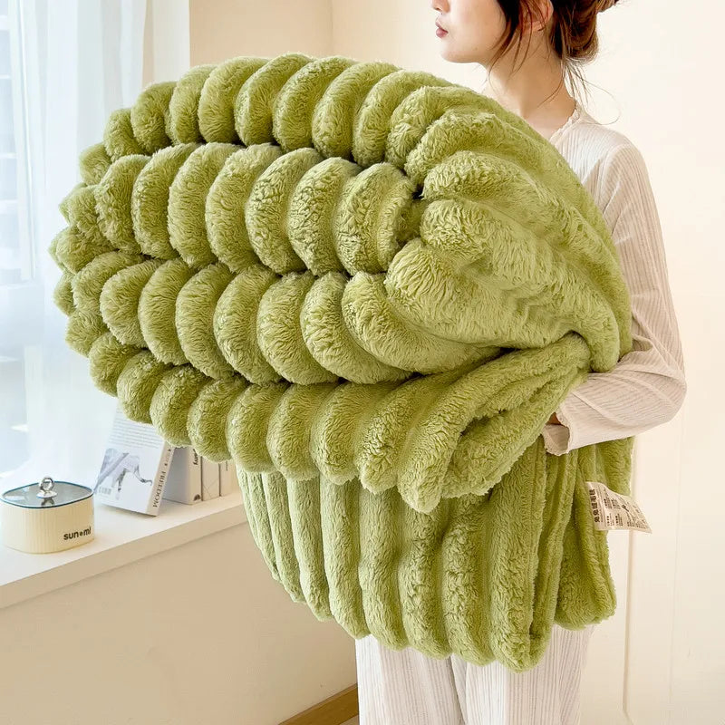 Striped Plush Blanket – Soft Faux Rabbit Fur Throw