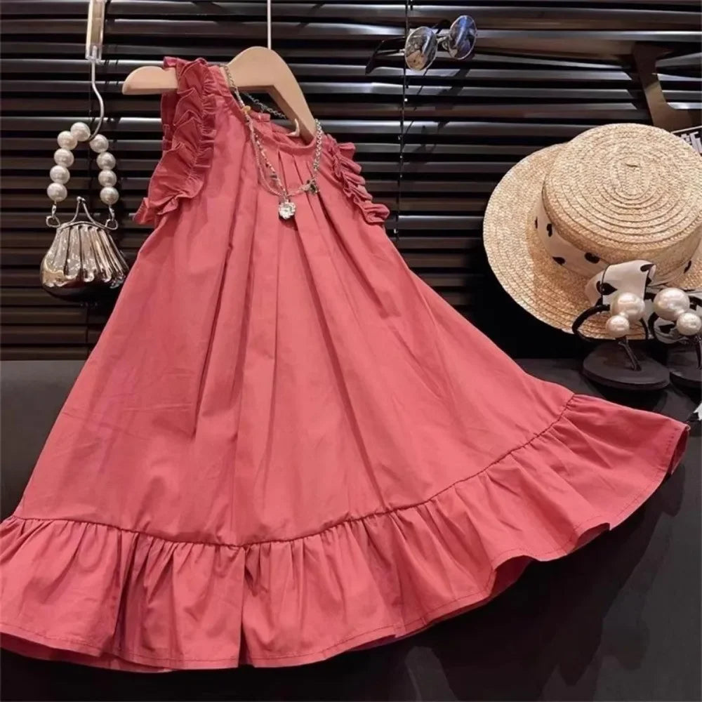 Korean Sleeveless Pleated Girls Dress — Solid Color Round Neck Summer Kids Dress