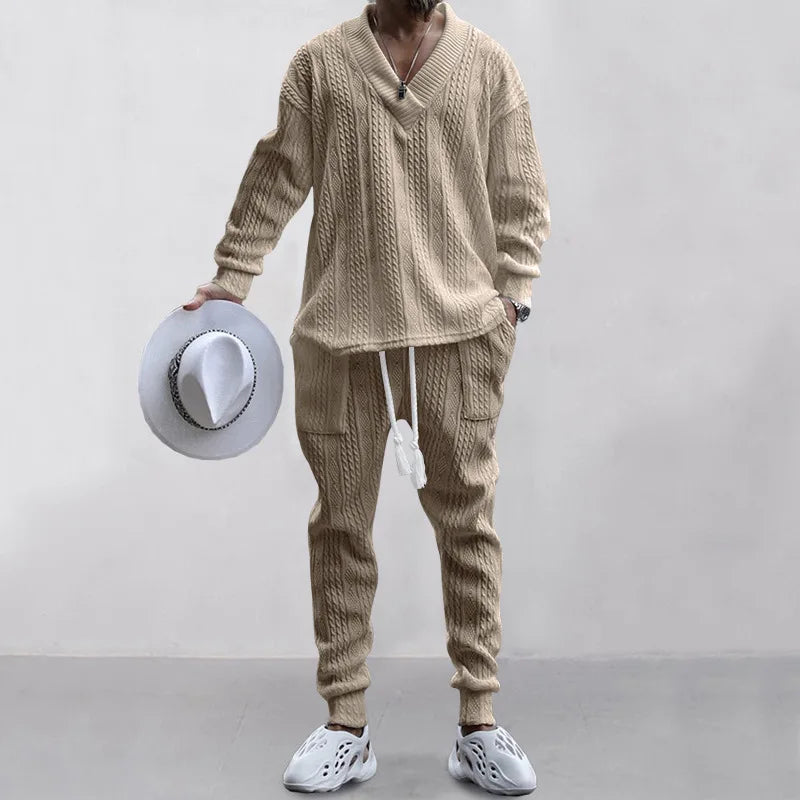 Men's Jacquard Knit Sweater & Casual Trousers Two-Piece Set
