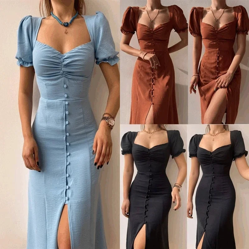 V-Neck Puff Sleeve High Waist Split Midi Dress — Elegant Single-Breasted Solid Dress