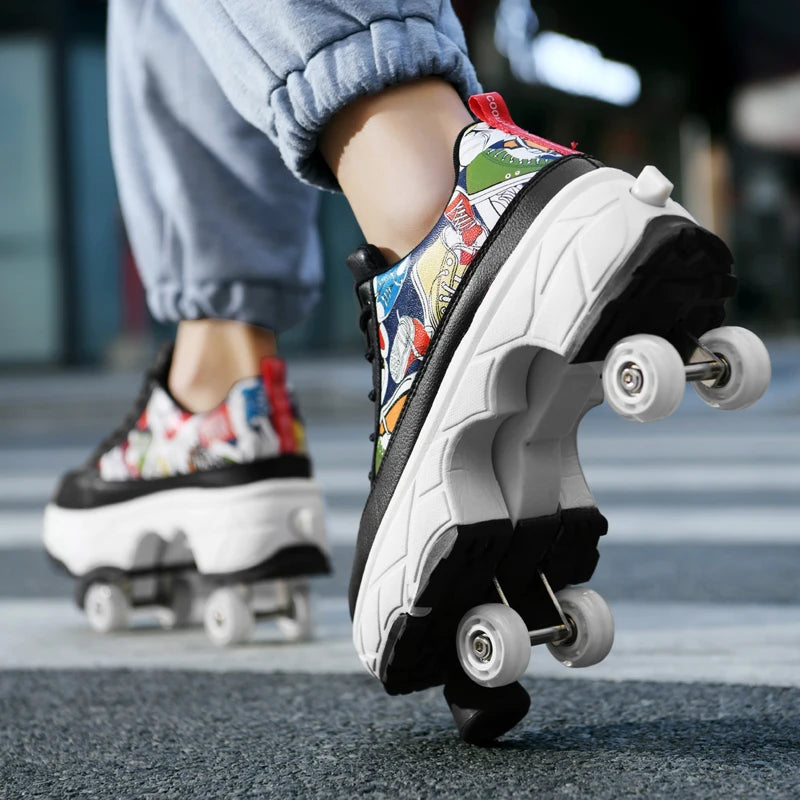Fashionable 4-Wheel Roller Skate Shoes – Unisex Kids & Adult Outdoor Casual Wheeled Sneakers