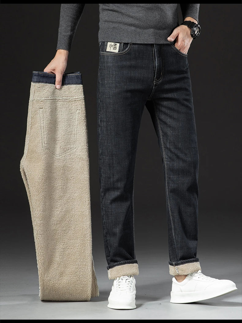 Men's Fleece-Lined Straight Denim Jeans — Warm Thick Winter Stretch Jeans