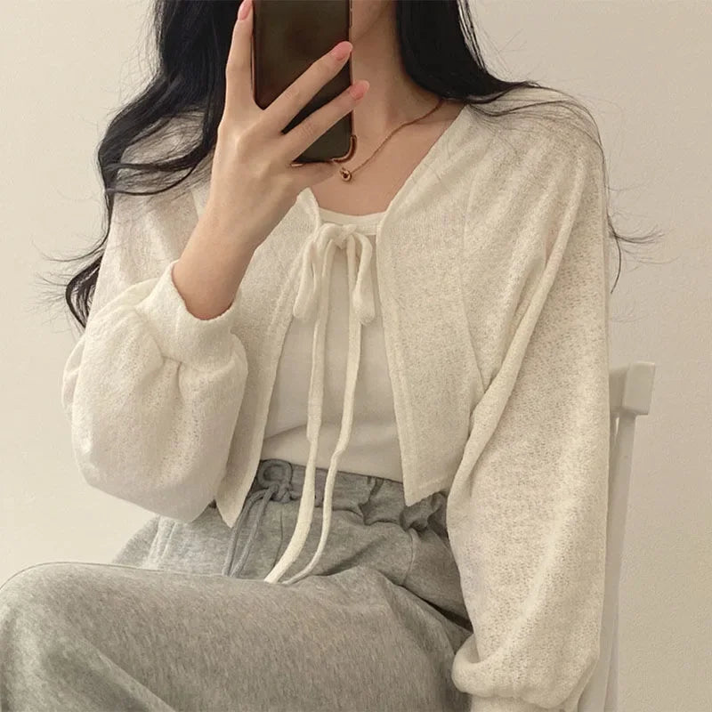 Women's Knitted Cardigan – Thin Lace-Up Lantern Sleeve Short Coat in White, Black & Gray