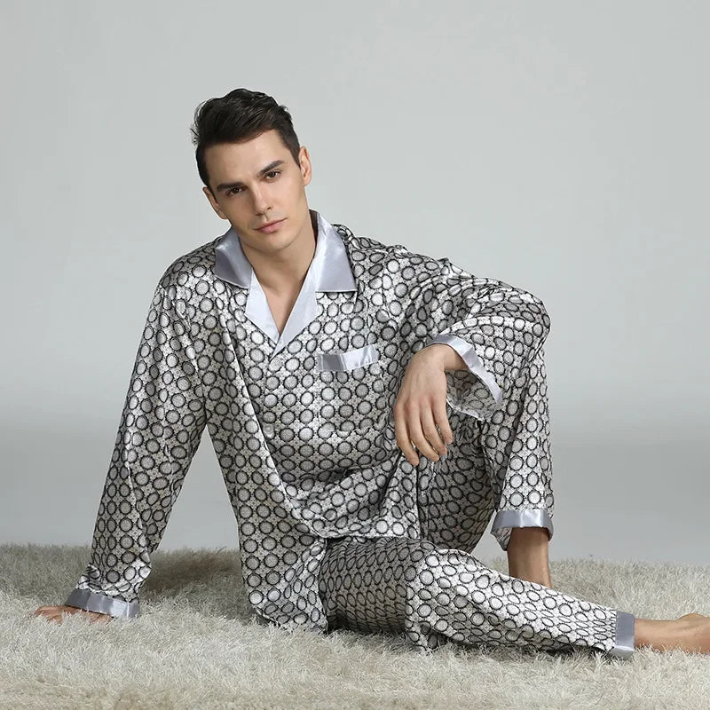 Men's Ice Silk Satin Pajama Set — Long Sleeve Top & Pants Sleepwear