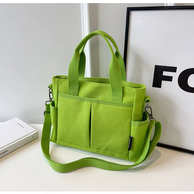 Multi-Pocket Canvas Tote Shoulder Bag – Large Capacity Commuter Shopping Handbag for Women