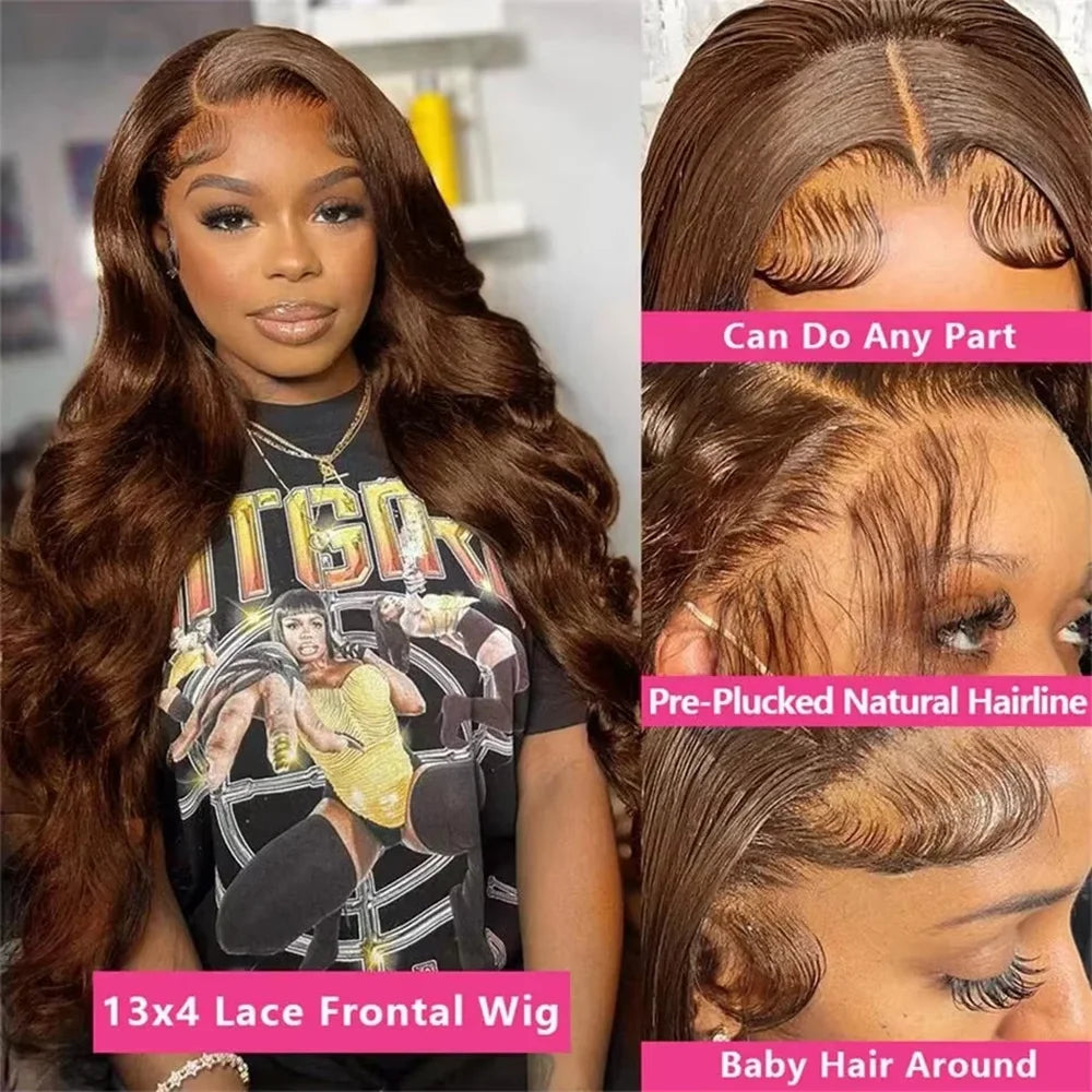 46 Inch Chocolate Brown Body Wave Lace Front Wig | 200 Density 13x4 13x6 HD Lace Pre-Plucked Brazilian Human Hair