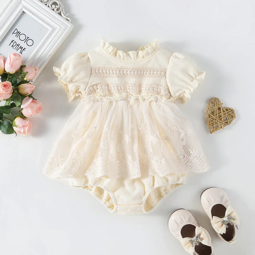 Baby Girl Tutu Skirt Bodysuit — Waffle Lace One-Piece Party Outfit for Toddlers