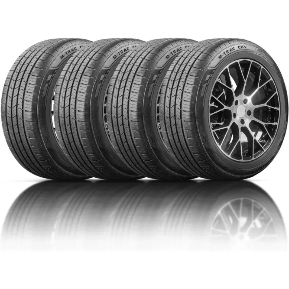 Four black Michelin Tarmac CU4 all-weather tires arranged in a row, with the front tire mounted on a multi-spoke silver alloy wheel, set against a white background with a reflective floor.