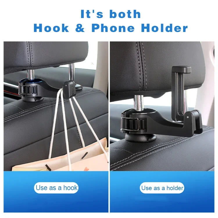 Car headrest hook and phone holder with dual functionality on a car seat.