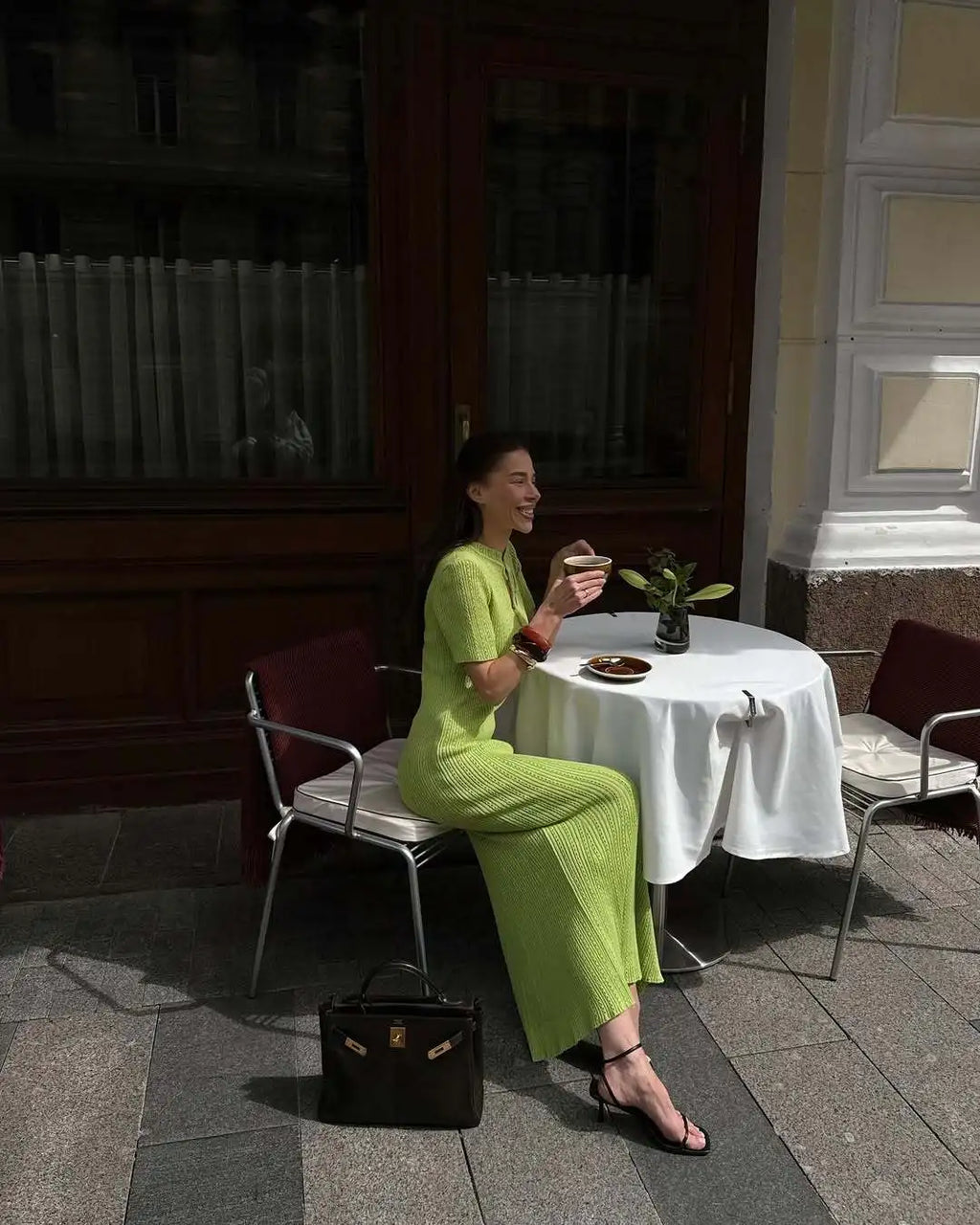 Tossy Knit Hollow Out Lace-Up Dress – Ribbed Short Sleeve Patchwork High Waist Elegant Long Dress