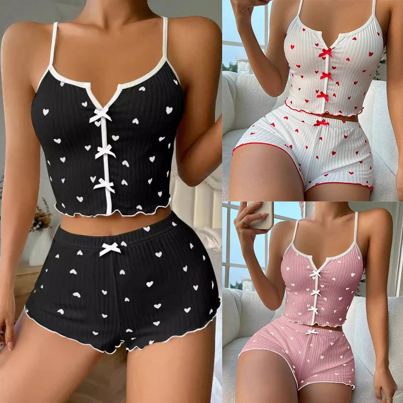 Women's Heart Print Frill Trim Cami Top & Shorts Pajama Set | Soft Ribbed Loungewear