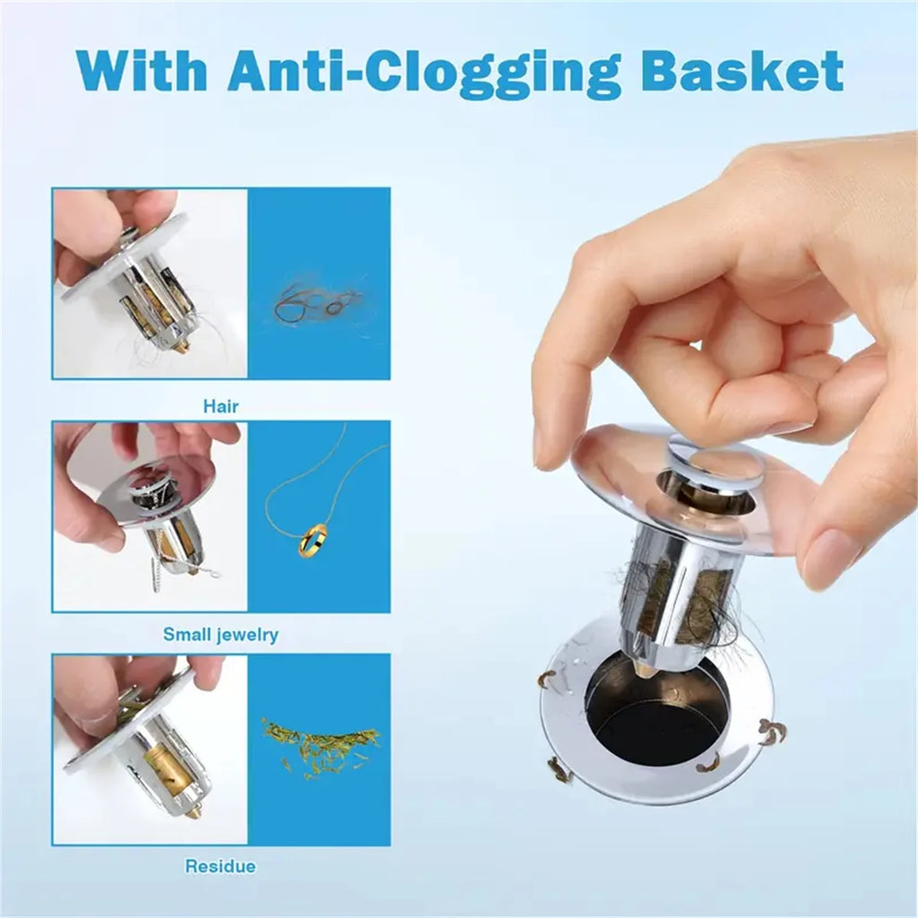 No More Clogged Drains — Pop-Up Chrome Sink Drain Stopper | Universal Rebound Filter with Hair Catcher, Easy Push Type