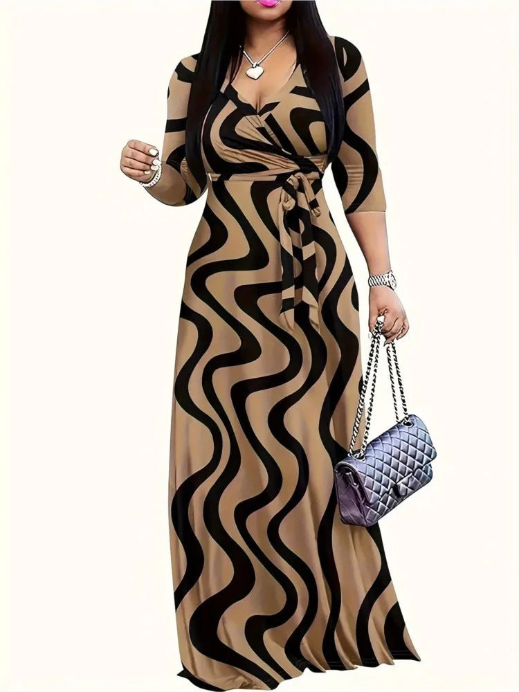Deep V-Neck Lace-Up Loose Print Holiday Dress — Casual Sexy Summer Dress