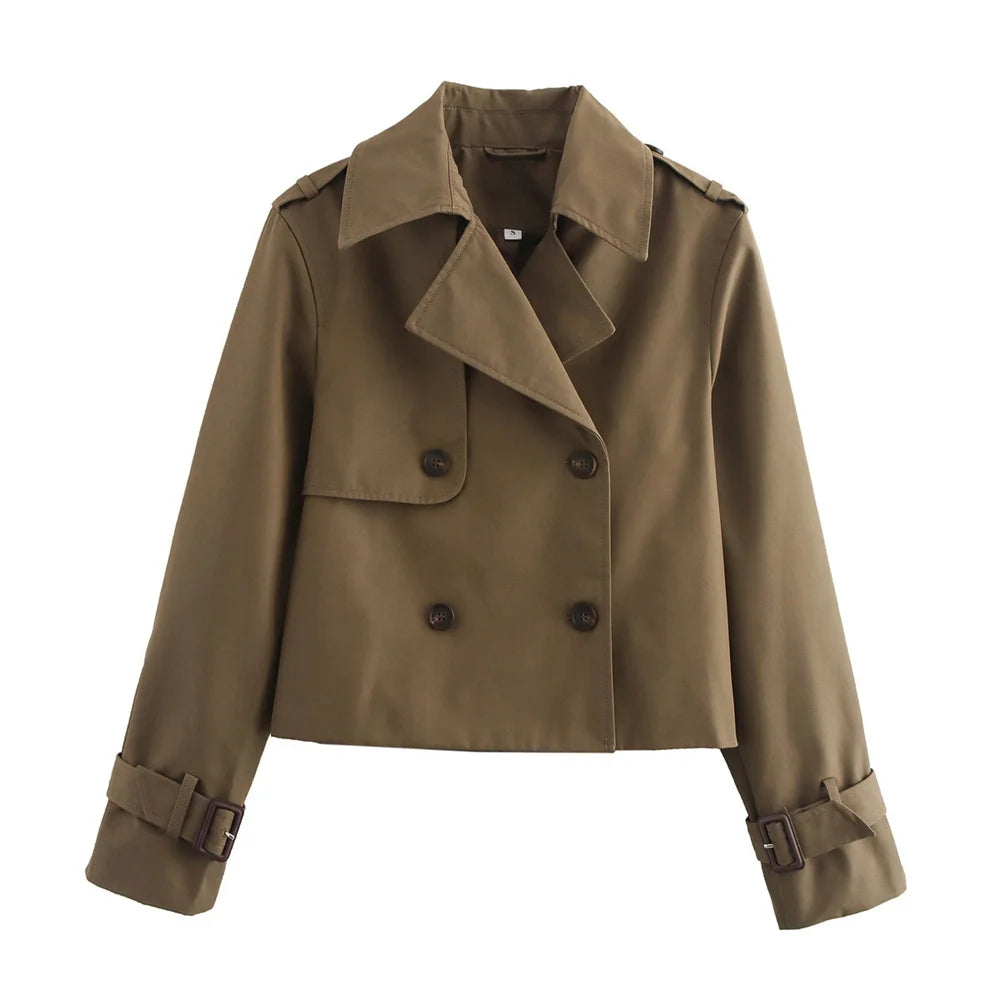 Women's Vintage Cropped Trench Jacket – Double-Breasted High-Waist Streetwear Coat