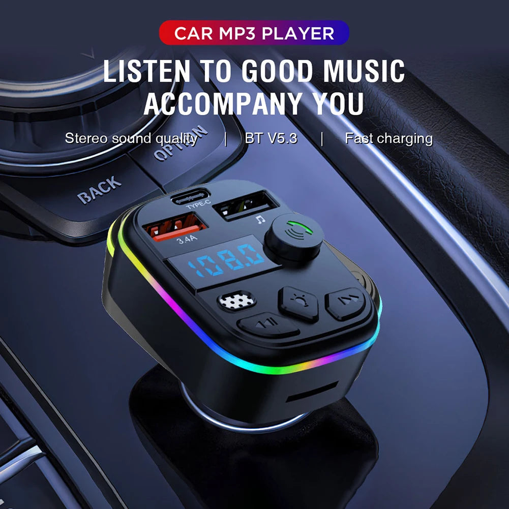 Bluetooth 5.3 FM Transmitter Car Kit — Hands-Free Calling, Dual USB Charging & MP3 Player