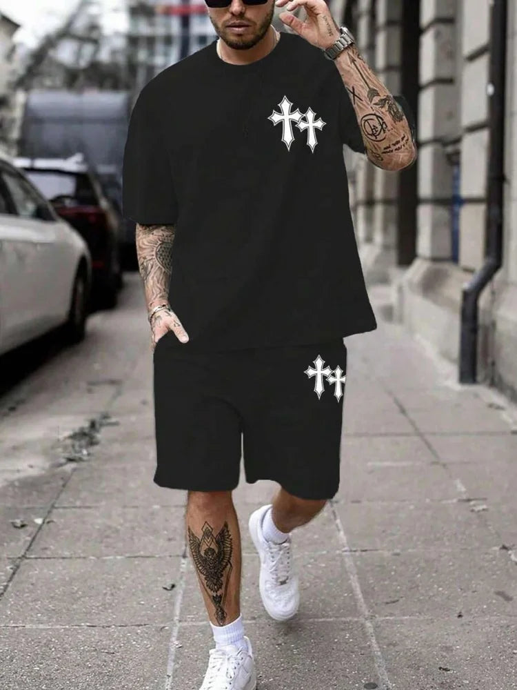 Men's Cross Print Short Sleeve T-Shirt & Shorts Set – Streetwear Holiday 2-Piece