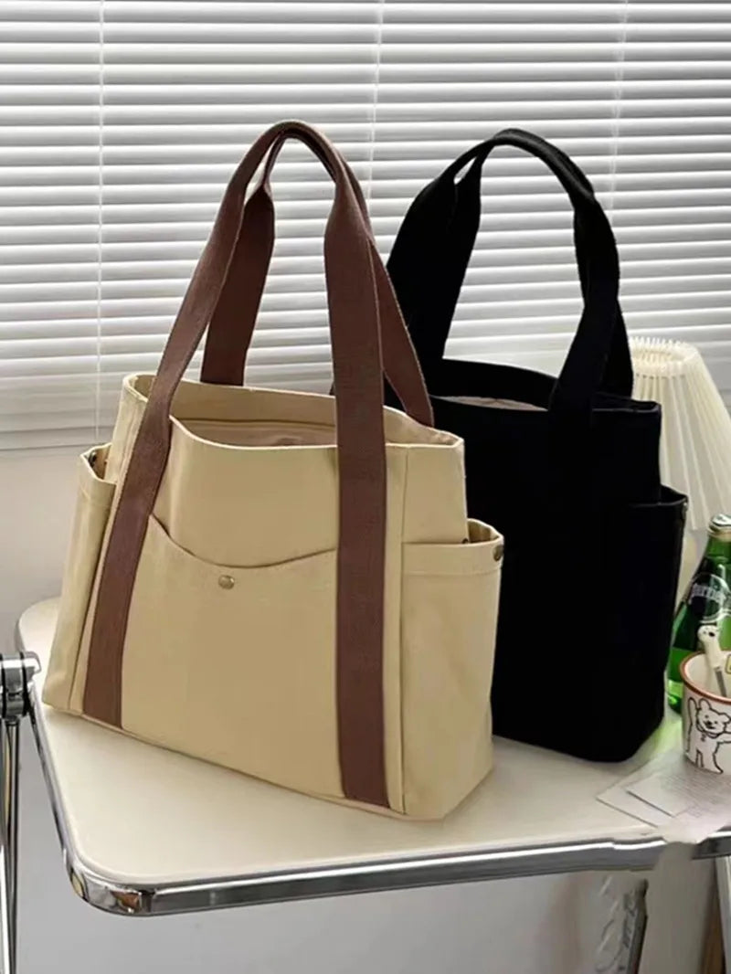 Large Capacity Canvas Tote Bag – College Style Work Commuter Shoulder Bag with Laptop Compartment for Women