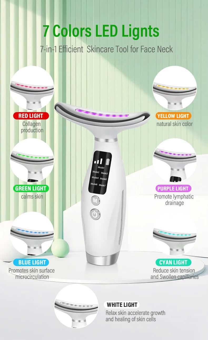 7-Color LED EMS Facial & Neck Massager – Microcurrent Vibration Beauty Device for Face & Shoulders