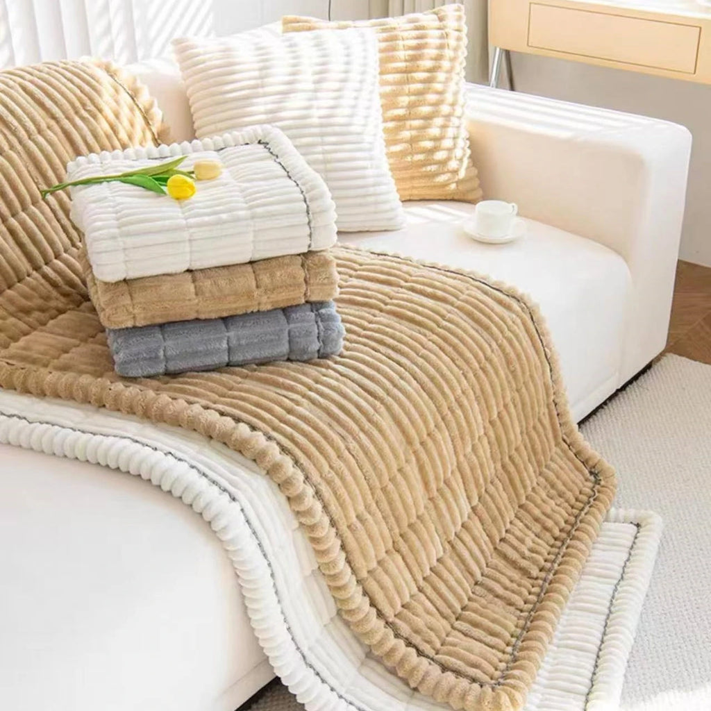 Quilted Stripe Flannel Sofa Pad – Thickened Winter Sofa Cover, Slipcover & Multiuse Sofa Towel