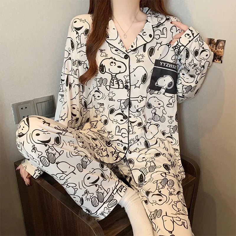 Women's Snoopy Cartoon Long Sleeve Pajamas Set | Cute Anime Loungewear for Students