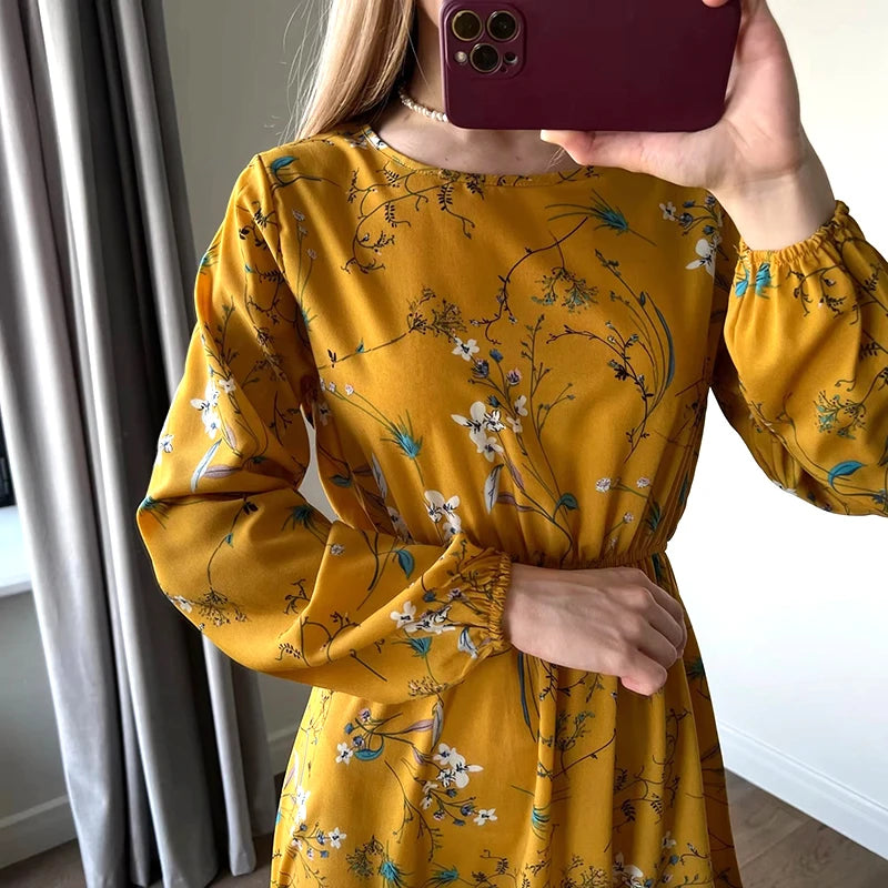 Women Long Dresses Spring Summer Casual Full Sleeve Floral geometry Printed O neck Woman Bohe Beach Party Dress Mujer Vestidos