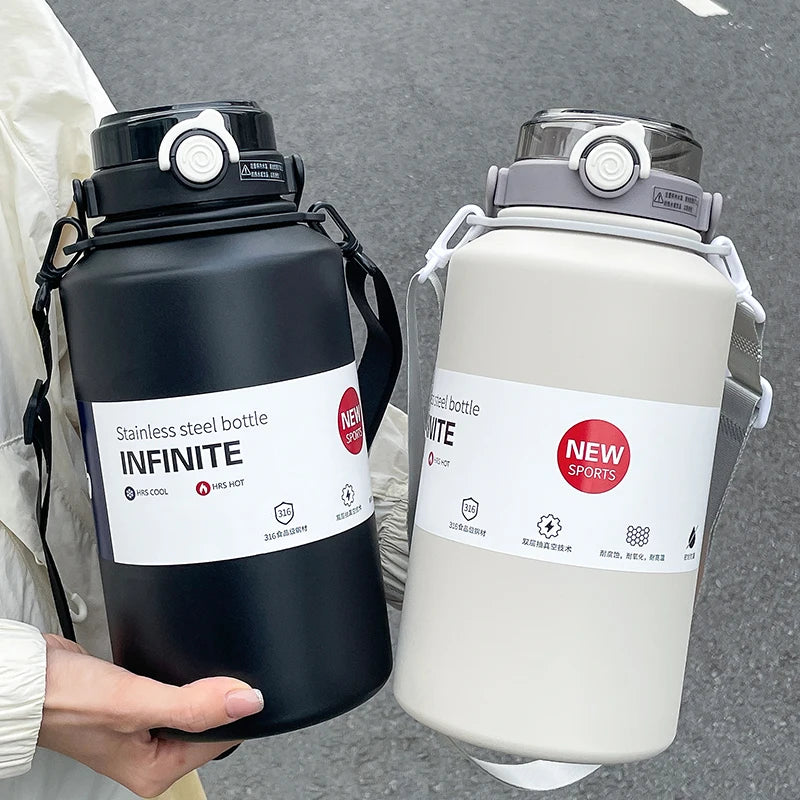 2000ml Large Capacity Insulated Stainless Steel Water Jug with Handle & Dual Lids – 24Hr Cold, 12Hr Hot