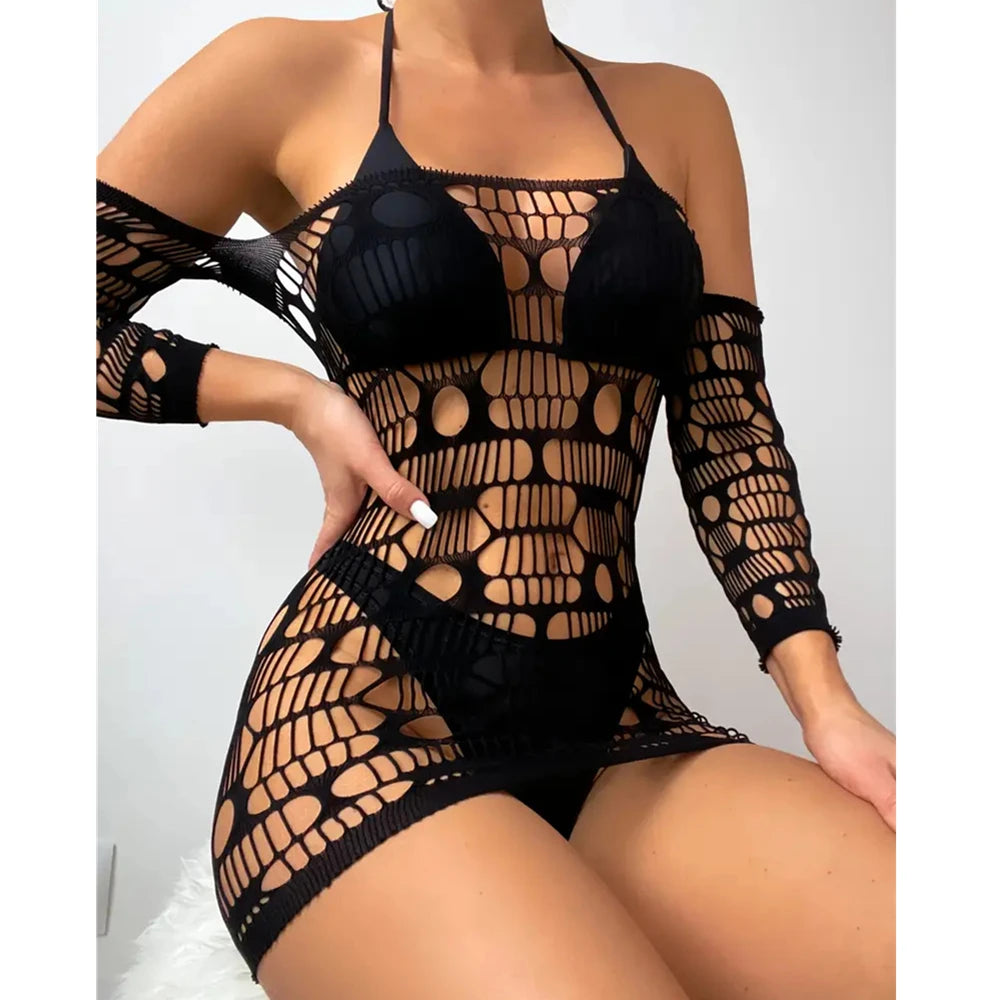 Mesh Transparent Bodycon Mini Dress — See-Through Hollow Clubwear