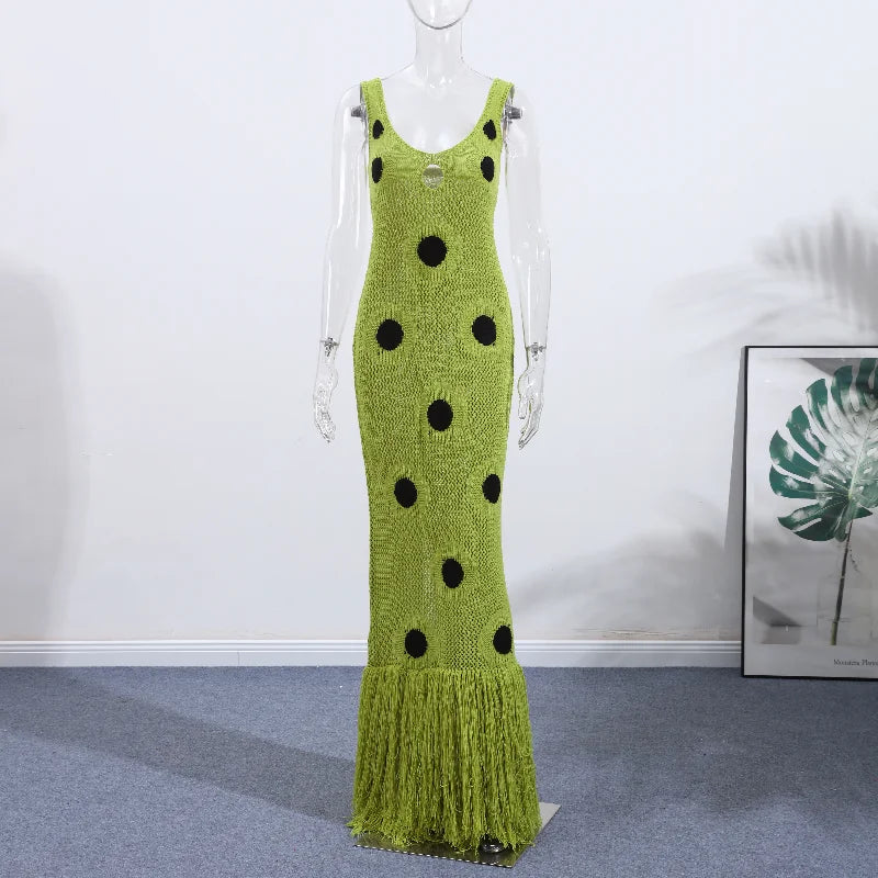 Women's Sexy See-Through Knitted Maxi Dress | Hollow Out Deep-V Tassel Hem Party Gown