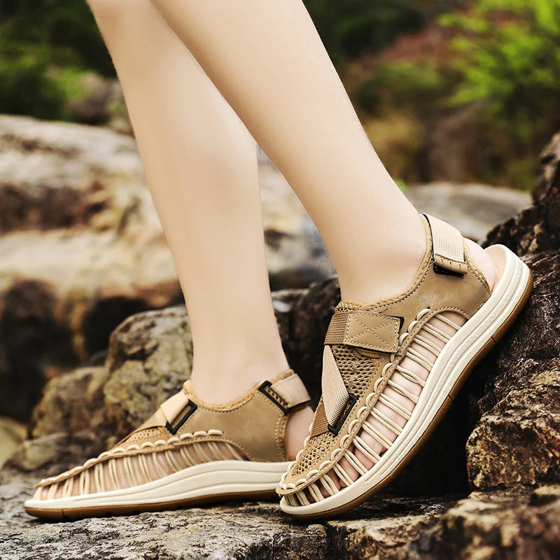 Men's Handmade Woven Beach Sandals – Breathable Casual Flat Sandals