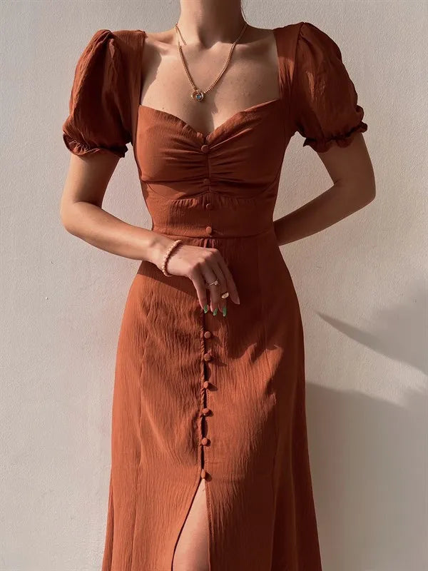 V-Neck Puff Sleeve High Waist Split Midi Dress — Elegant Single-Breasted Solid Dress