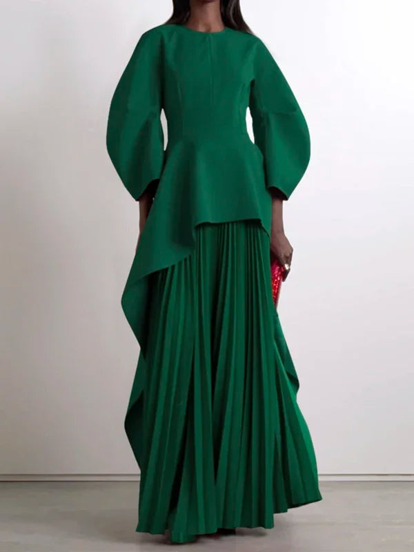 UOOZEE Womens Dresses 2025 New Fashion Elegant Solid Color Split-Joint Tiered Loose Pleated Party Evening Maxi Dress Robe Kaftan