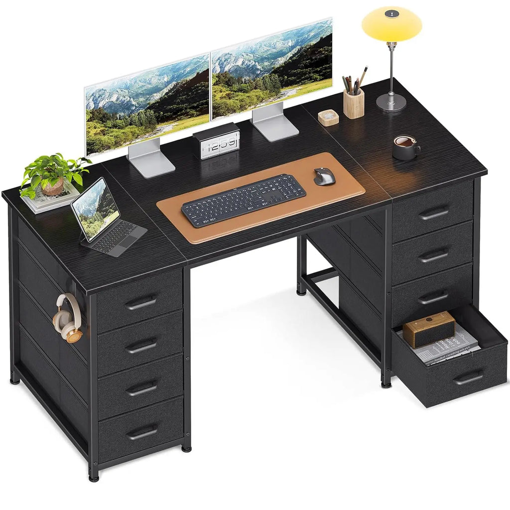 48" White Computer Desk with 8 Fabric Drawers — Large Storage Home Office, Study & Gaming Desk